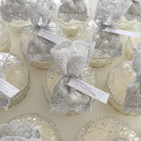 Decorative candle trinket with silver lace bag bonbonniere