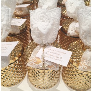 Gold glass candle & lace bag bonbonniere 