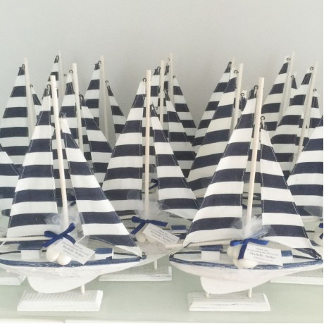 Wooden navy & white stripe sailing boats