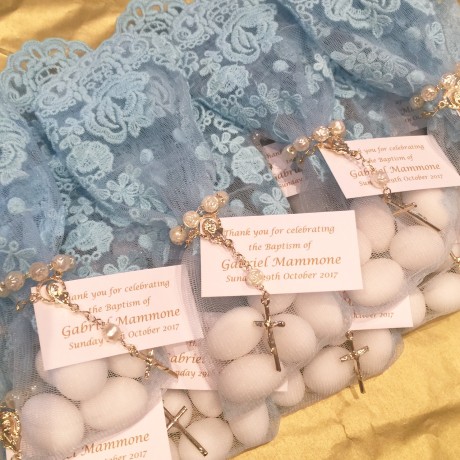 Baby blue lace bonbonniere bags 