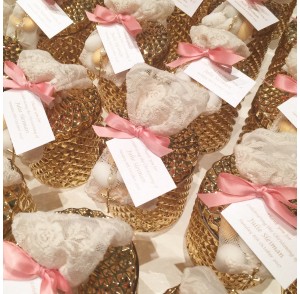 Gold glass candle & ivory lace bag bonbonniere 