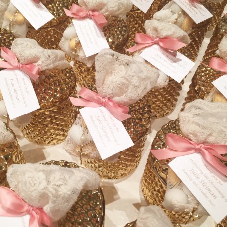 Gold glass candle & ivory lace bag bonbonniere 