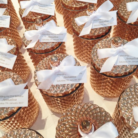 Rose gold glass candle bonbonniere 