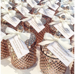 Rose gold glass candle & mini rosary bonbonniere 