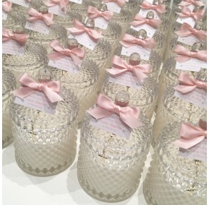 Clear candle bonbonniere with mini rosary