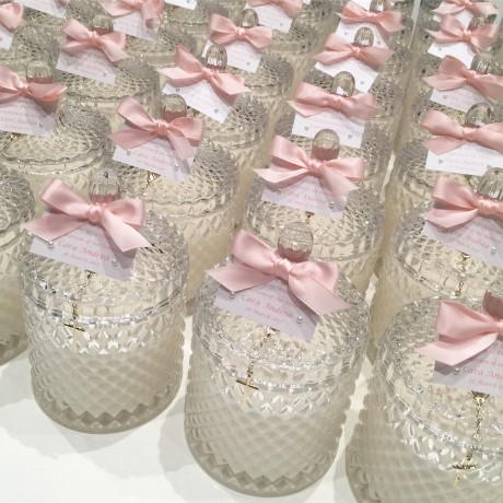 Clear candle bonbonniere with mini rosary