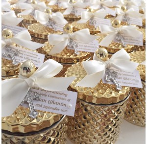 Gold glass candle & cross bonbonniere 
