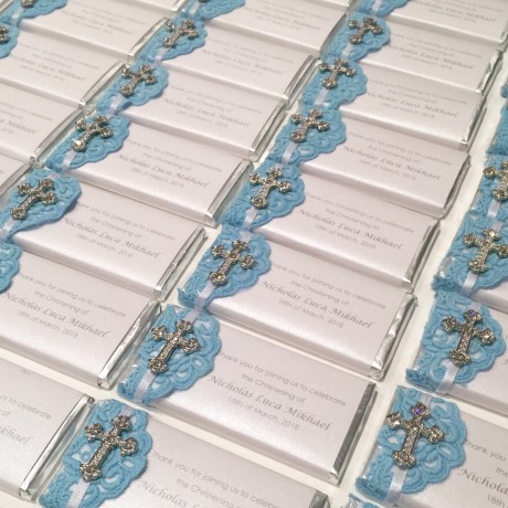 Baby blue lace chocolate bar bonbonniere