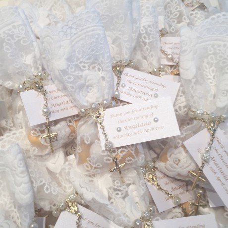 White lace small bonbonniere bags with mini rosary bead 