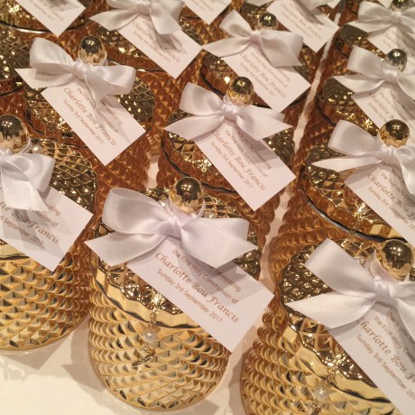 Gold glass candle & mini rosary bead bonbonniere 