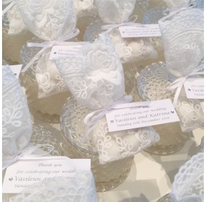 Clear glass candle & lace bag bonbonniere 