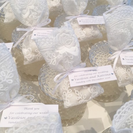 Clear glass candle & lace bag bonbonniere 